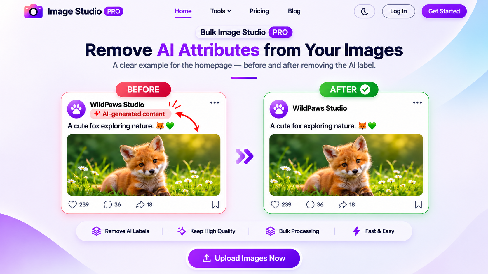 Illustrated homepage mockup showing an AI-label before-and-after comparison with a fox